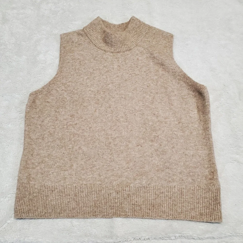 Tahari Cream Brown Mockneck Sleeveless Wool Knit Sweater Women Large Classic - Picture 1 of 7